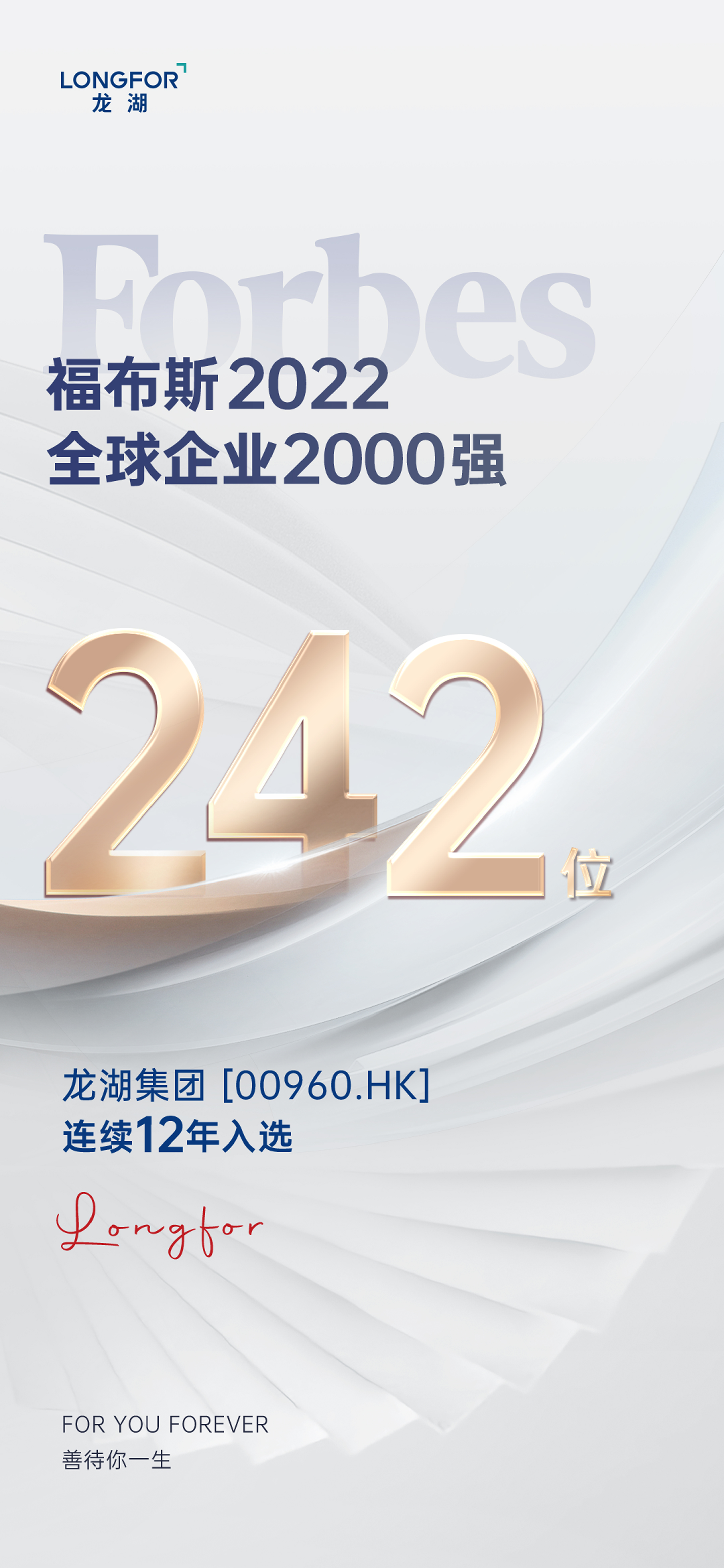 龙湖集团再度荣登《福布斯》全球企业2000强，连续12年上榜